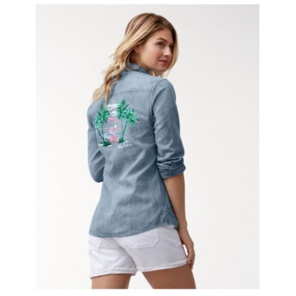 Tommy Bahama womens shirt top sz large Denim Blue Palm Flamingo Embroidery - Picture 1 of 6